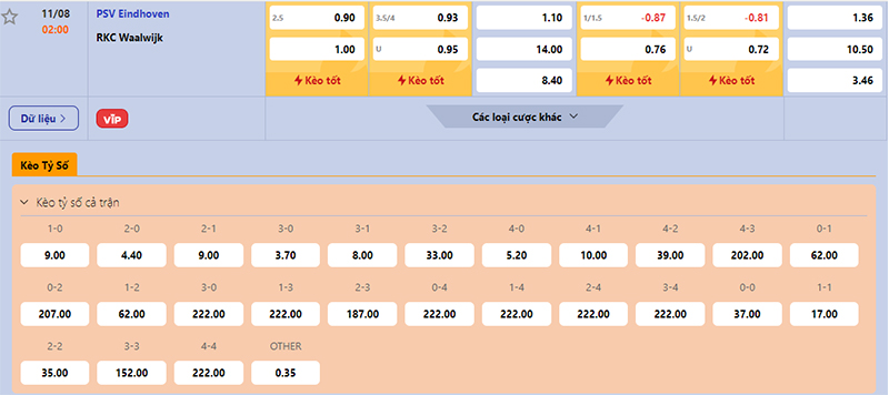 Thông tin tỷ lệ kèo bóng đá PSV vs Waalwijk